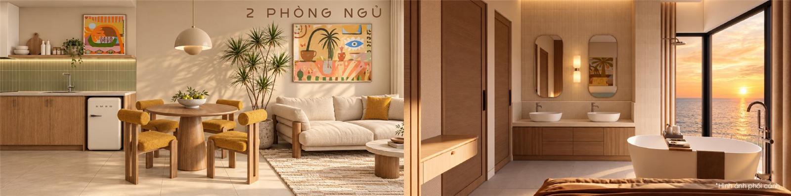 Nội thất căn 2 phòng ngủ Qtopia