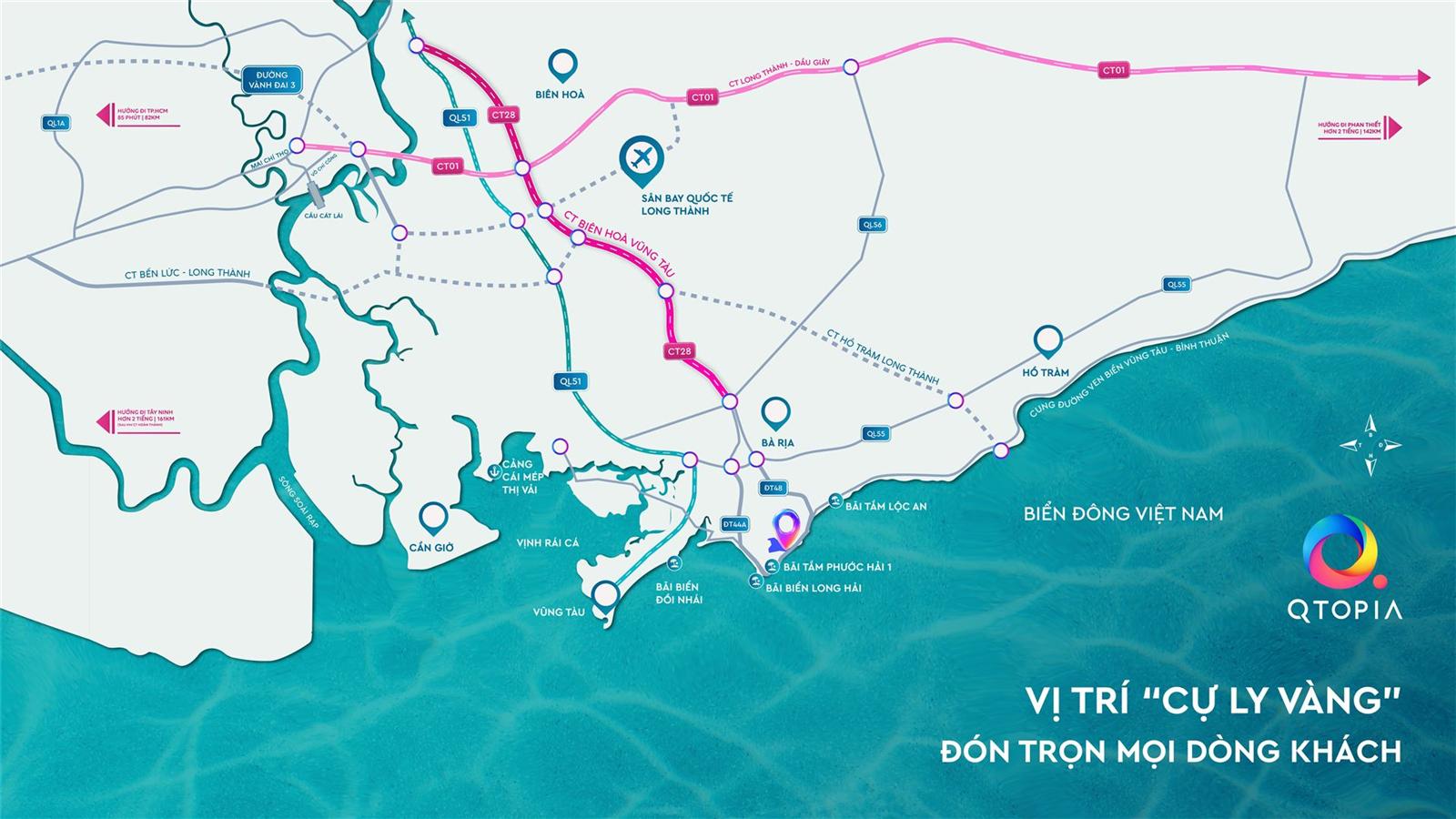 Bản đồ kết nối Qtopia Phước Hải với TP.HCM, Biên Hòa và sân bay Long Thành